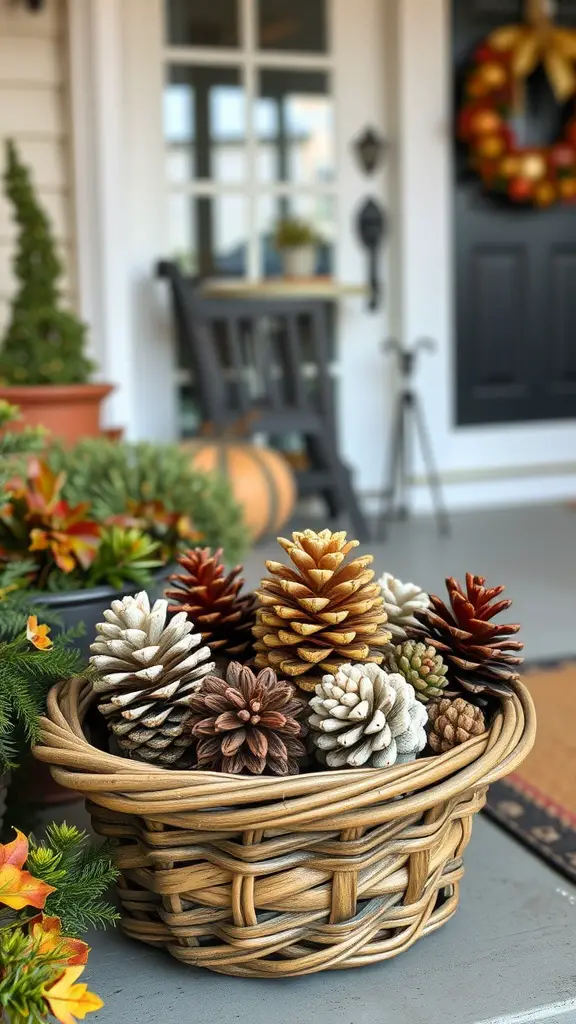 A basket filled with painted pinecones in various colors, set on a porch with fall decor.
