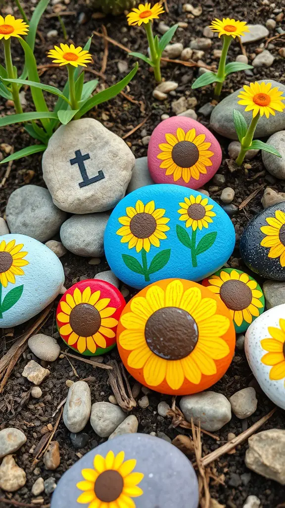 A collection of painted rocks decorated with colorful sunflowers, surrounded by small yellow flowers.