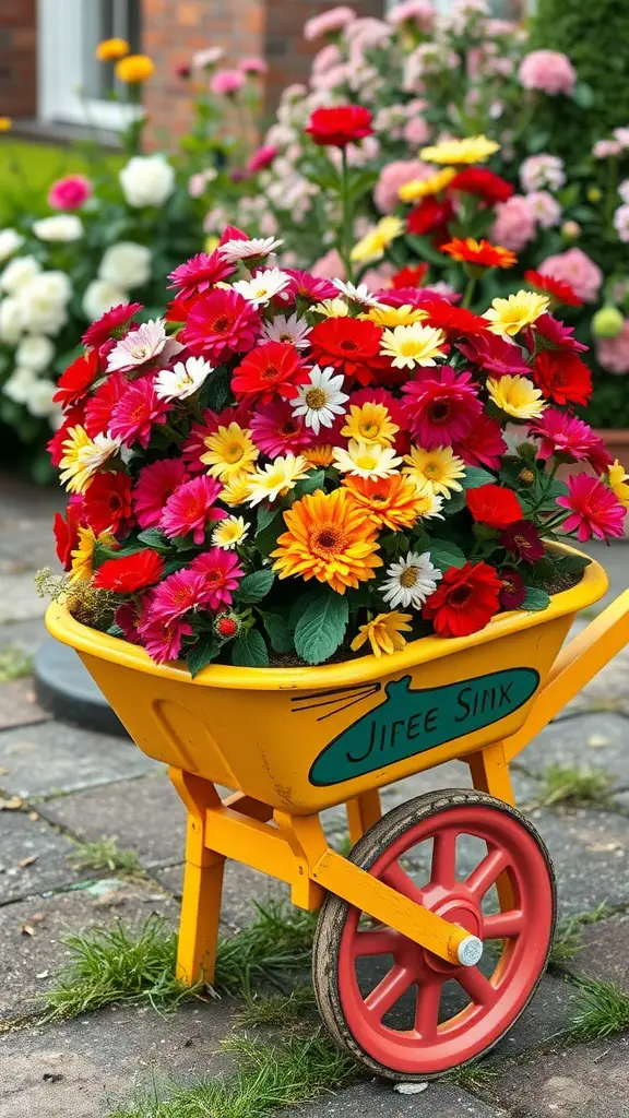19 Creative Wheelbarrow Planter Ideas for Your Garden 7 A colorful wheelbarrow filled with flowers, showcasing vibrant seasonal blooms.