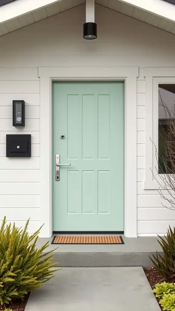 17 Stunning Green Front Door Ideas to Elevate Your Curb Appeal 9 A pale mint green front door on a white house with plants on either side.