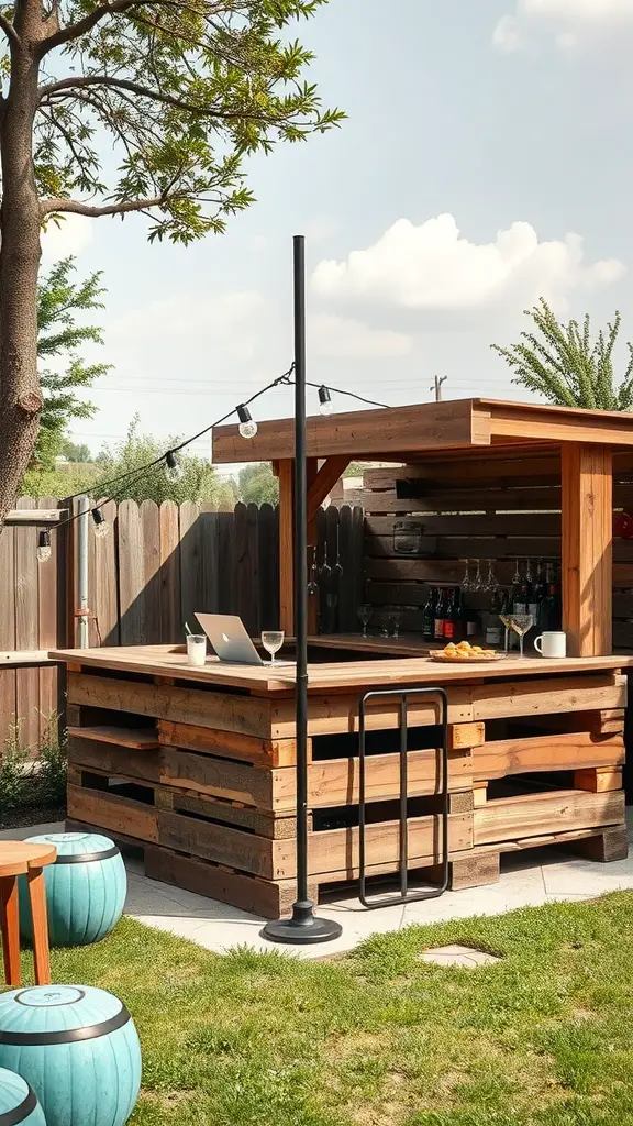 25 Creative Outdoor Pallet Projects You Can DIY 10 A stylish outdoor pallet bar made from wooden pallets, featuring a spacious countertop, surrounded by a green lawn and decorative lights.