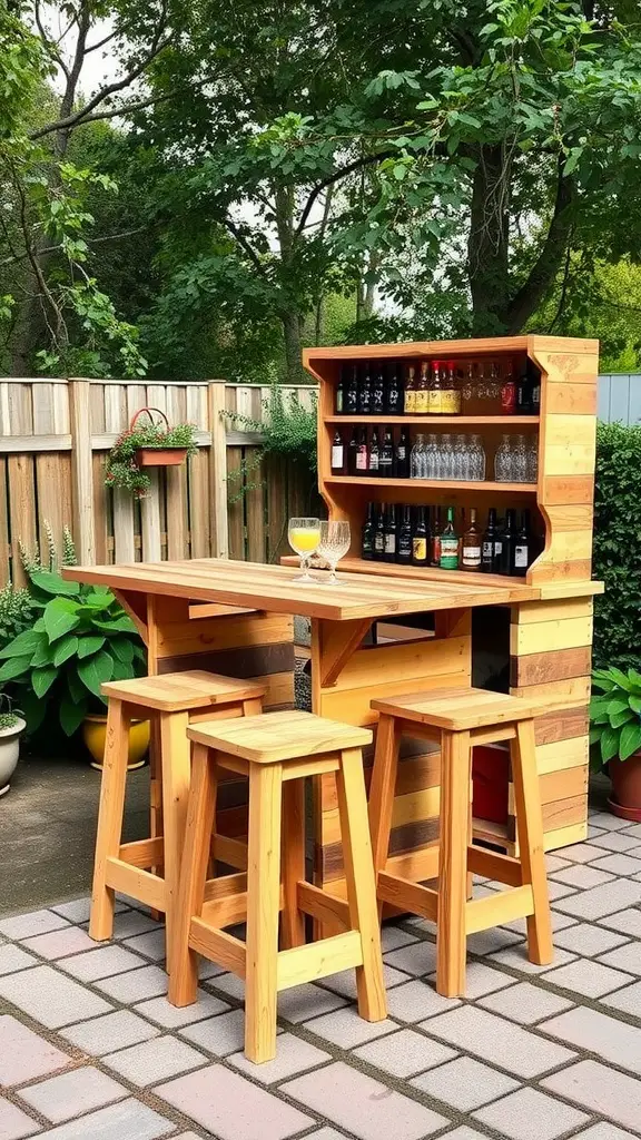 25 Creative Pallet Garden Furniture Ideas You’ll Love 4 A wooden pallet bar set with stools in an outdoor garden setting.