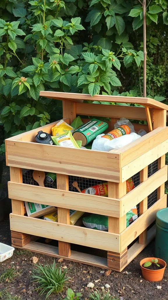 25 Creative Outdoor Pallet Projects You Can DIY 16 A wooden pallet compost bin filled with various compostable materials, set against a backdrop of leafy plants.