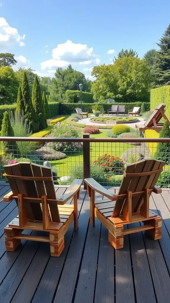 25 Creative Pallet Garden Furniture Ideas You’ll Love 16 A pair of pallet deck chairs on a wooden deck, overlooking a beautifully landscaped garden.