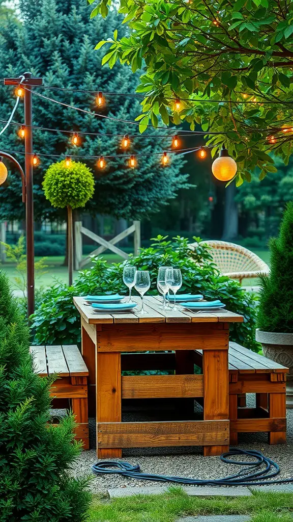 25 Creative Pallet Garden Furniture Ideas You’ll Love 2 Pallet dining table set under string lights with glassware and blue plates, surrounded by greenery.