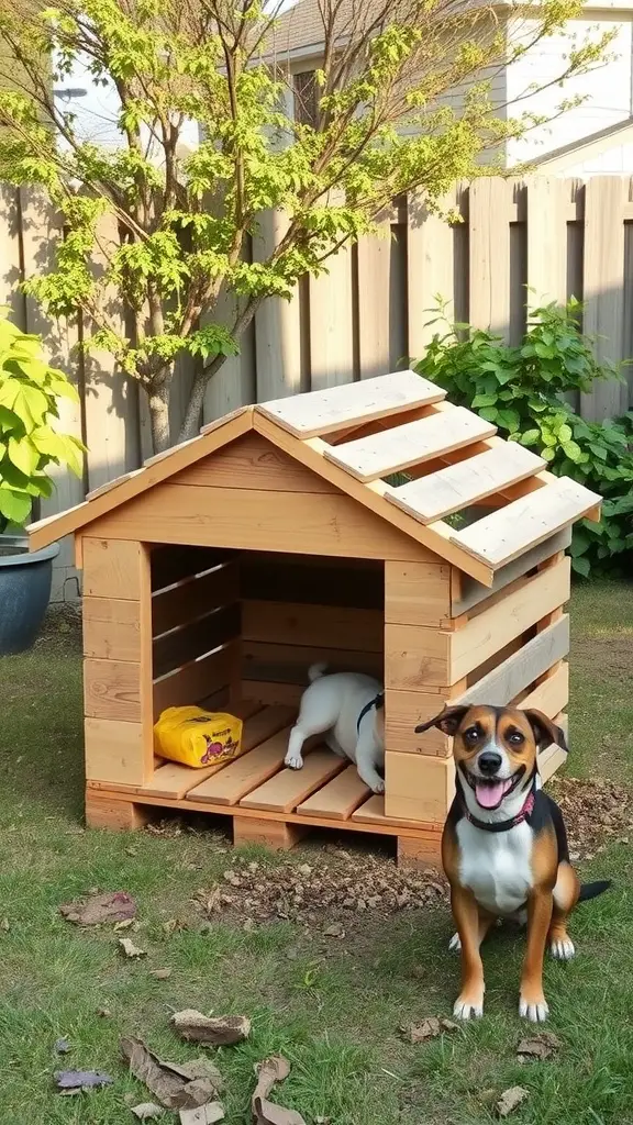 25 Creative Outdoor Pallet Projects You Can DIY 17 A wooden pallet dog house in a backyard with a happy dog sitting outside.