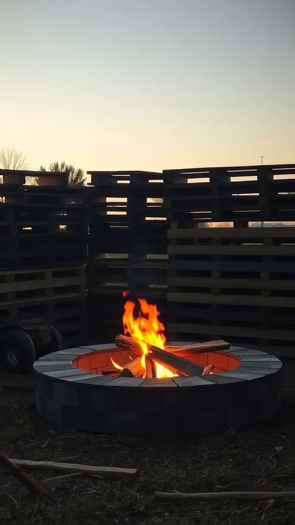 25 Creative Outdoor Pallet Projects You Can DIY 2 A fire pit surrounded by pallets, with flames visible and a sunset in the background.
