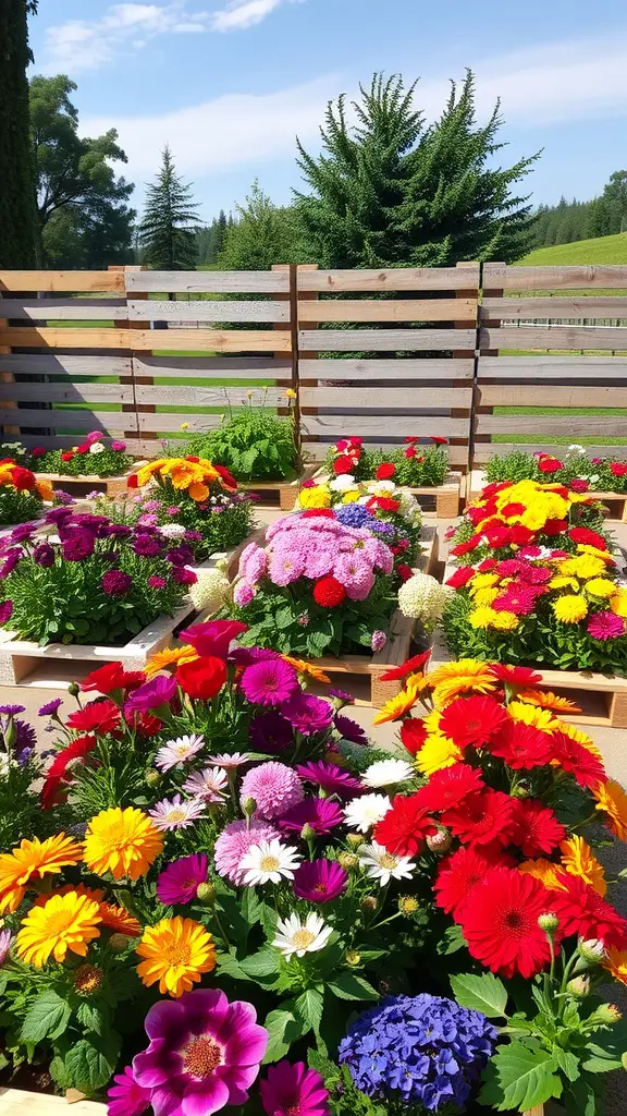25 Creative Pallet Garden Furniture Ideas You’ll Love 10 Colorful flowers in a garden bordered by wooden pallets