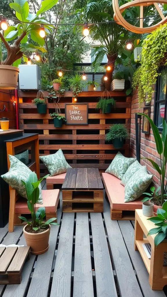 19 Modern Backyard Landscaping Ideas to Transform Your Outdoor Space 12 Cozy backyard seating area with pallet furniture, cushions, and plants