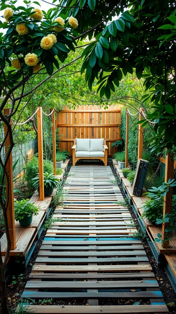 25 Creative Pallet Garden Furniture Ideas You’ll Love 13 A wooden pallet garden pathway leading to a seating area surrounded by greenery.