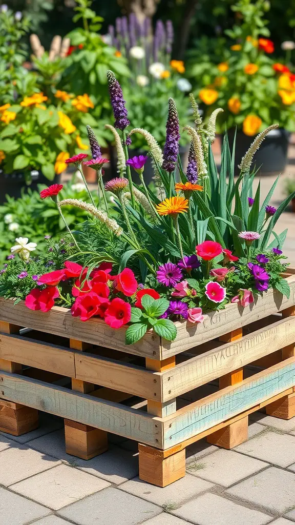 25 Creative Outdoor Pallet Projects You Can DIY 5 Colorful flowers in a wooden pallet planter