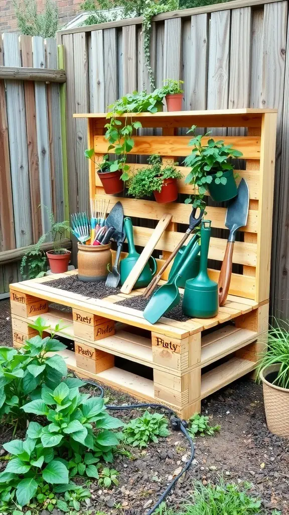 25 Creative Pallet Garden Furniture Ideas You’ll Love 8 A wooden pallet garden storage bench with plants and gardening tools.