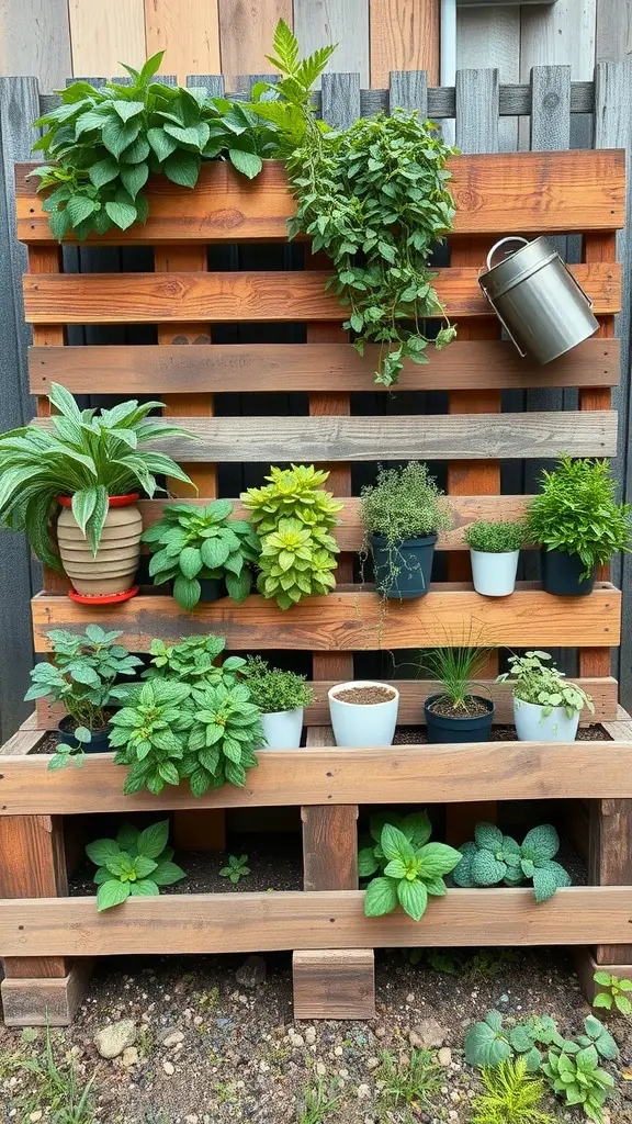 17 Creative Hanging Garden Ideas for Your Home and Balcony 9 A wooden pallet garden filled with various herbs like mint and thyme, arranged in pots.