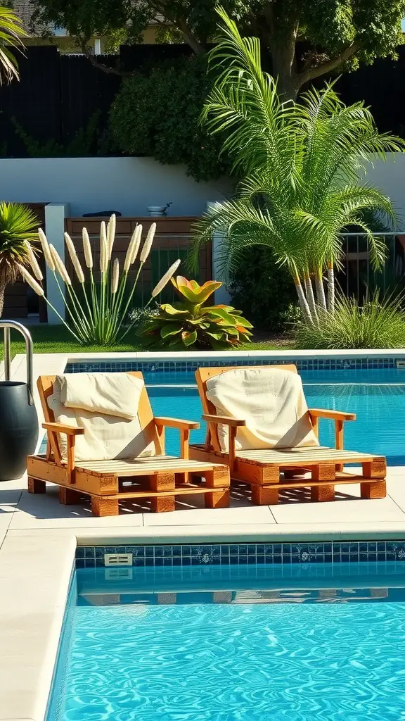 25 Creative Pallet Garden Furniture Ideas You’ll Love 12 Two pallet lounge chairs with cushions beside a pool, surrounded by greenery.