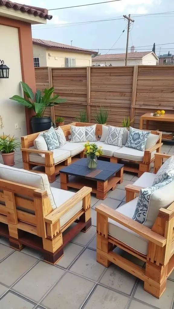 25 Creative Outdoor Pallet Projects You Can DIY 9 Cozy outdoor furniture made from pallets, featuring cushions and a low table, surrounded by plants.