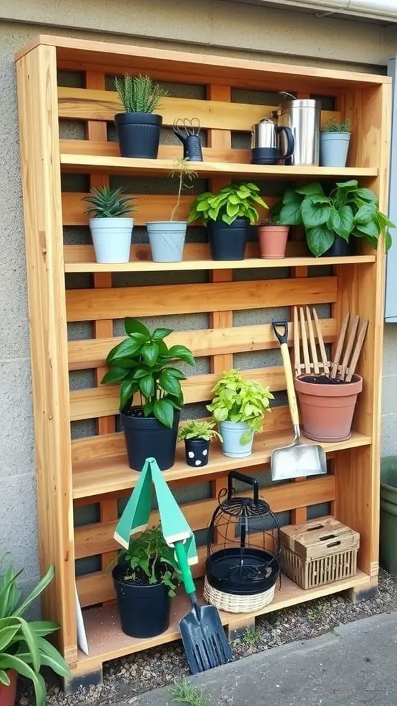25 Creative Outdoor Pallet Projects You Can DIY 13 A wooden pallet shelf with potted plants and gardening tools