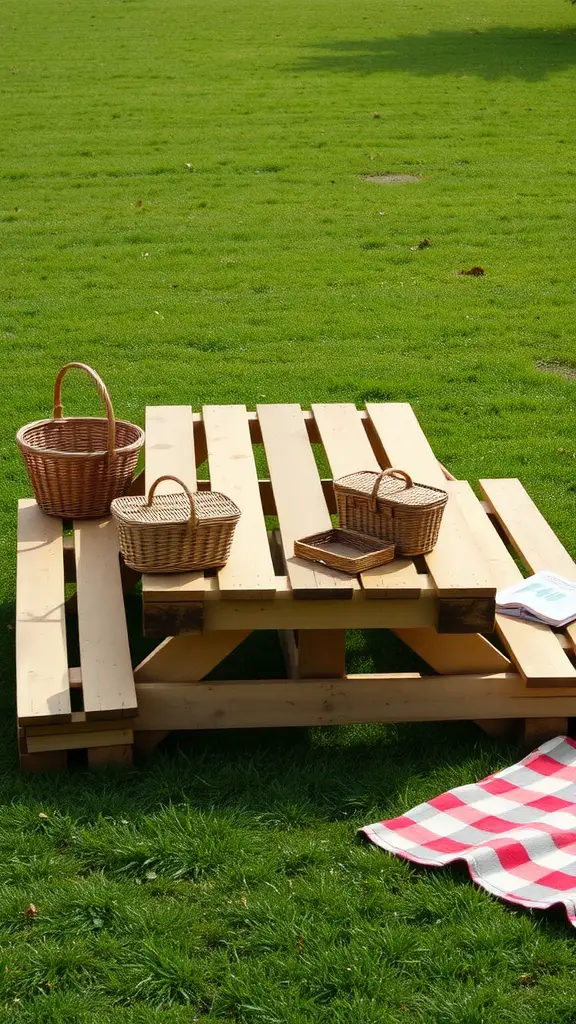 25 Creative Pallet Garden Furniture Ideas You’ll Love 15 Pallet picnic table set on green grass with picnic baskets and a blanket.