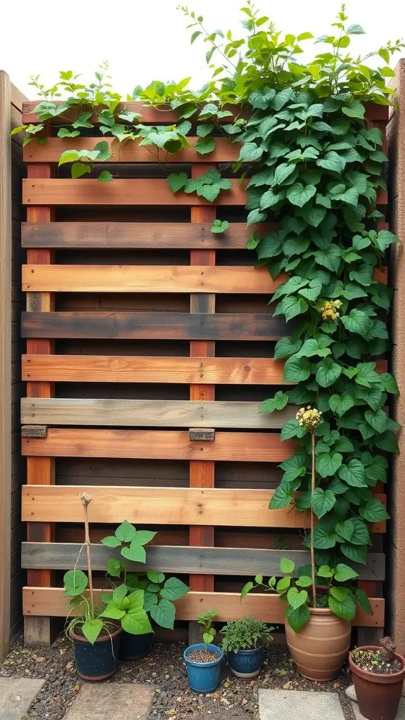 25 Creative Pallet Garden Furniture Ideas You’ll Love 14 A wooden pallet privacy screen adorned with climbing plants and potted flowers.
