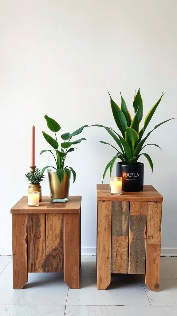25 Creative Pallet Garden Furniture Ideas You’ll Love 11 Two unique pallet side tables, one with a smooth wood finish and the other with a mix of wood textures, decorated with plants and candles.