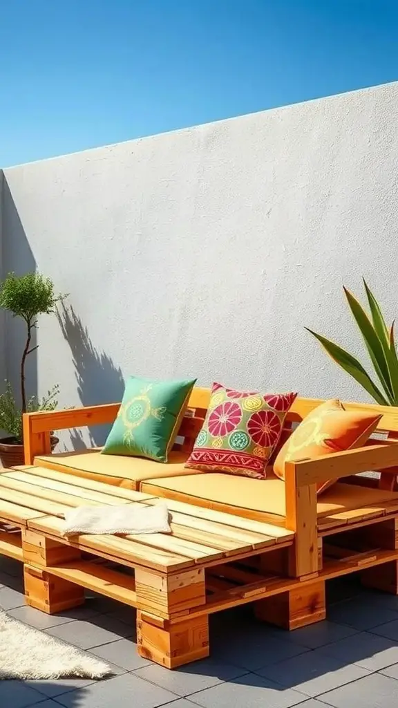 25 Creative Pallet Garden Furniture Ideas You’ll Love 9 A wooden pallet sofa with waterproof cushions in a sunny outdoor setting.