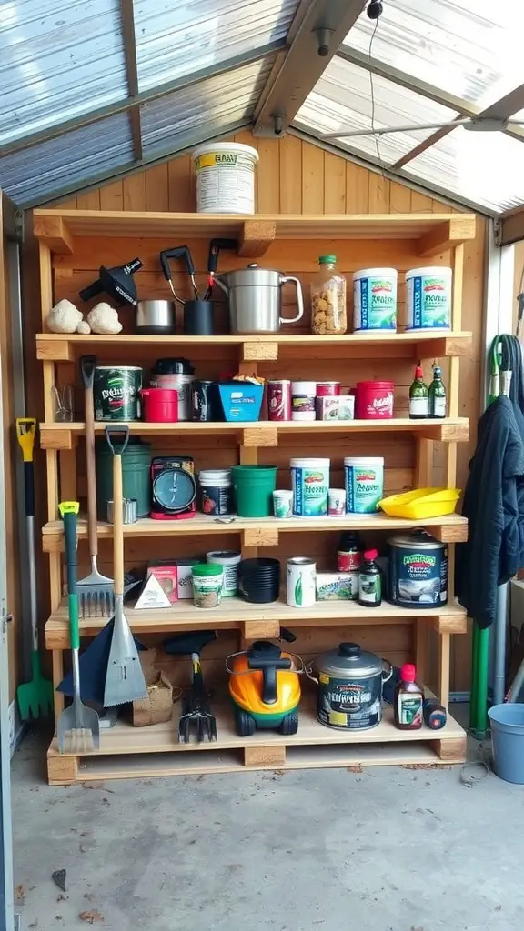 25 Creative Outdoor Pallet Projects You Can DIY 4 A wooden pallet shelving unit filled with gardening tools, pots, and supplies