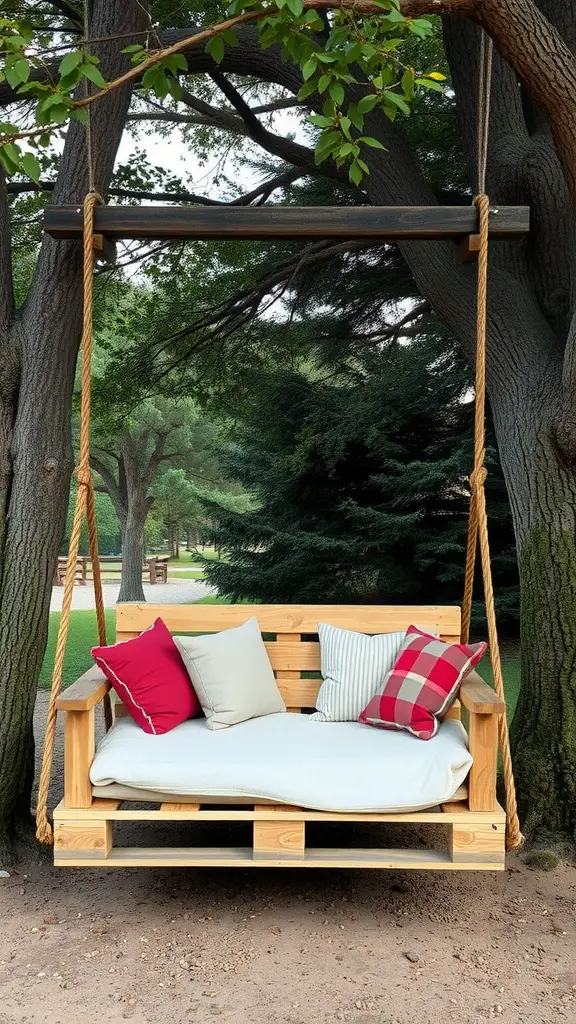 25 Creative Outdoor Pallet Projects You Can DIY 8 A wooden pallet swing bed with colorful pillows, hanging between two trees in a serene outdoor setting.