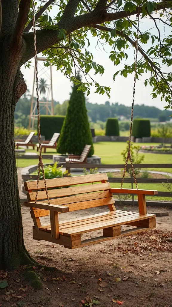 25 Creative Pallet Garden Furniture Ideas You’ll Love 3 A wooden pallet swing chair hanging from a tree in a garden, surrounded by greenery