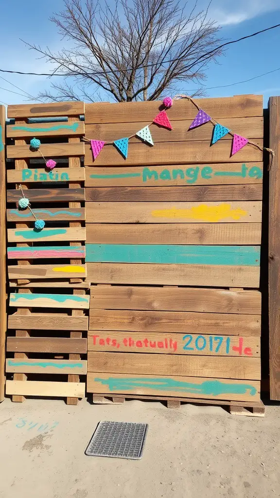 25 Creative Outdoor Pallet Projects You Can DIY 14 Colorful pallet wall art with flags and pom-poms