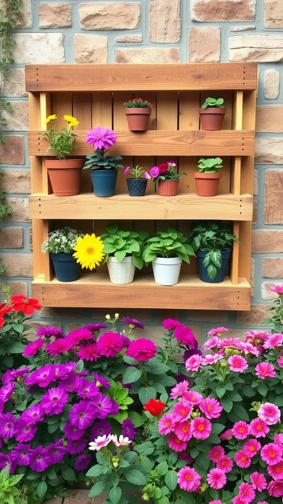 A wooden pallet shelf holding various potted plants against a stone wall.