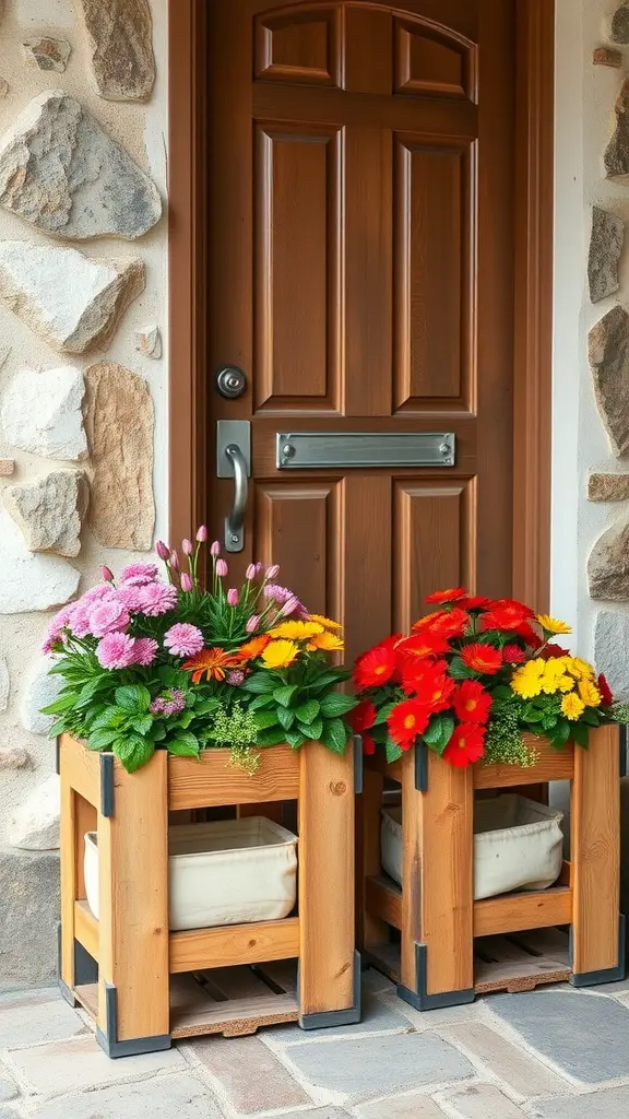 19 Stunning Front Door Planter Ideas to Elevate Your Entryway 16 Two pallet wood planters filled with colorful flowers at a front door