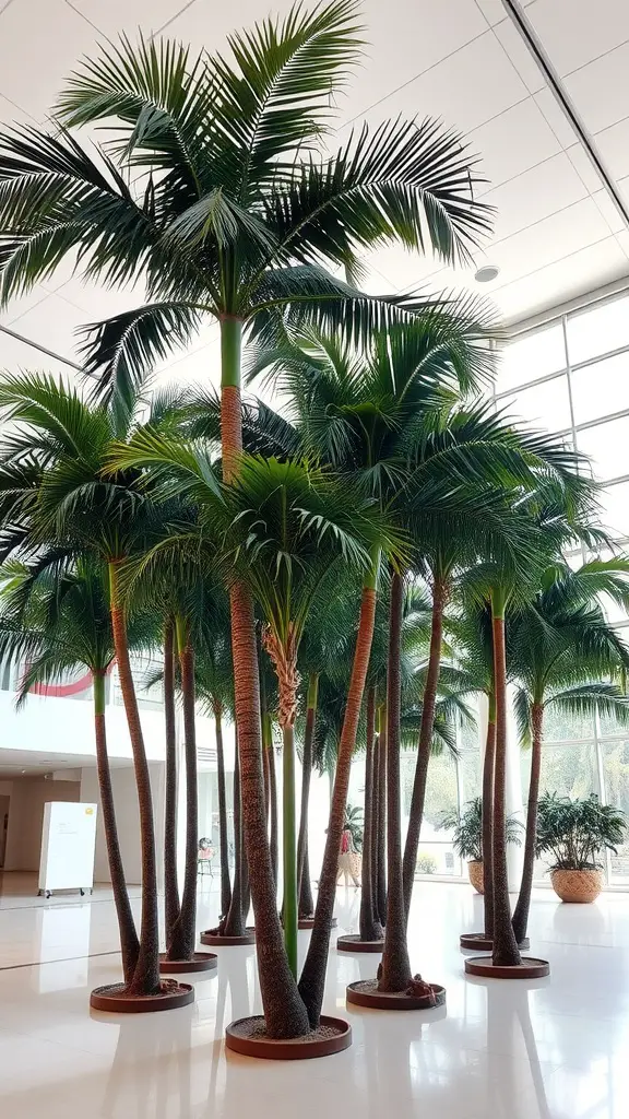 A group of tall palm trees indoors, showcasing lush green fronds and slender trunks.