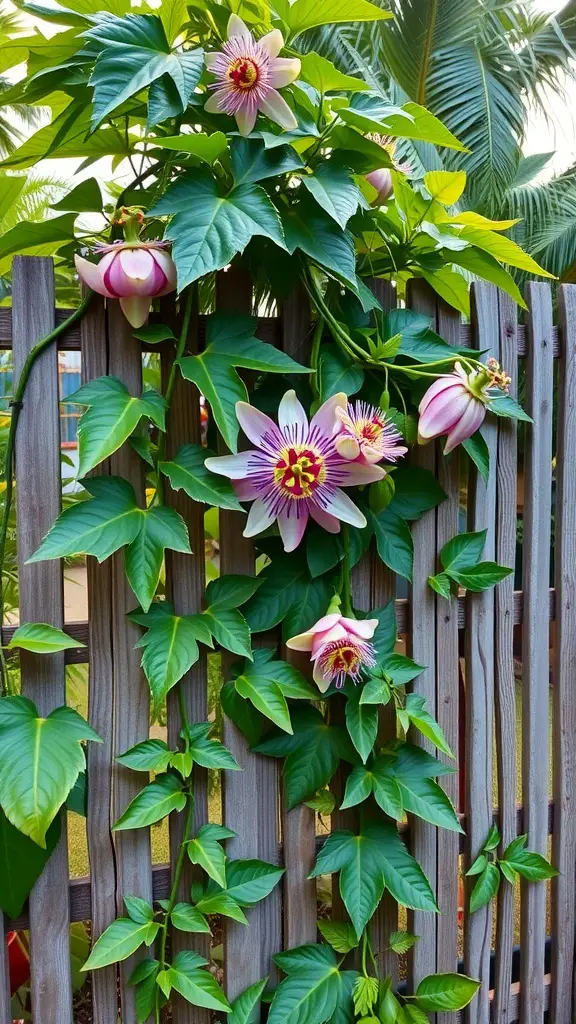 21 Stunning Tropical Garden Plants You Need to Grow 13 Image of a Passionflower Vine climbing a wooden fence, featuring vibrant purple and white flowers.