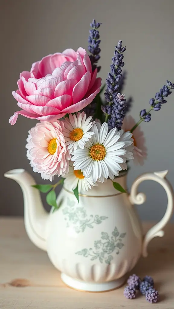 17 Stunning Flower Arrangement Ideas You’ll Love 5 A pastel flower arrangement featuring pink peonies, white daisies, and lavender in a vintage teapot.