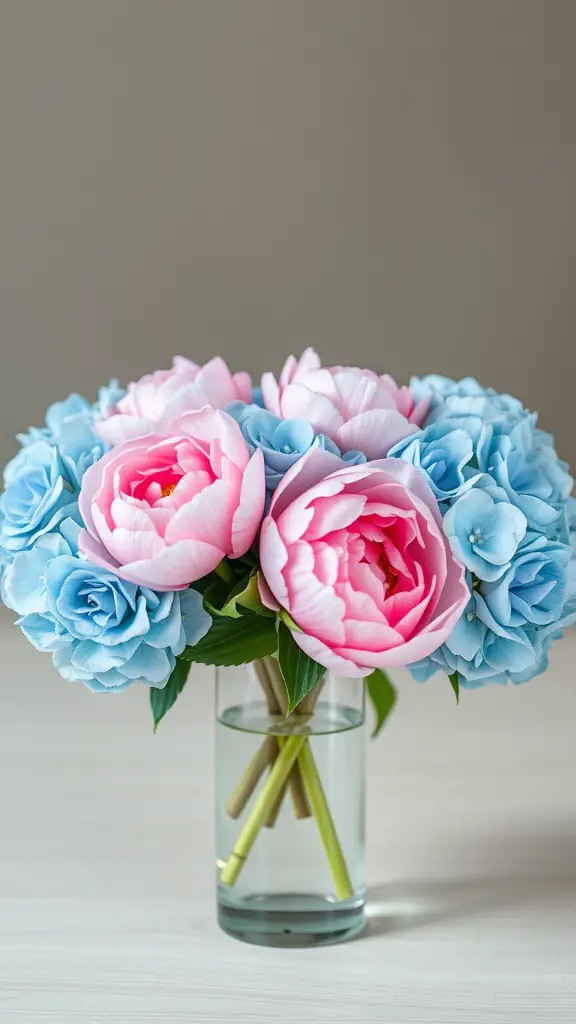21 Stunning Flower Bouquet Ideas for Every Occasion 6 A bouquet of pink peonies and blue hydrangeas in a glass vase.