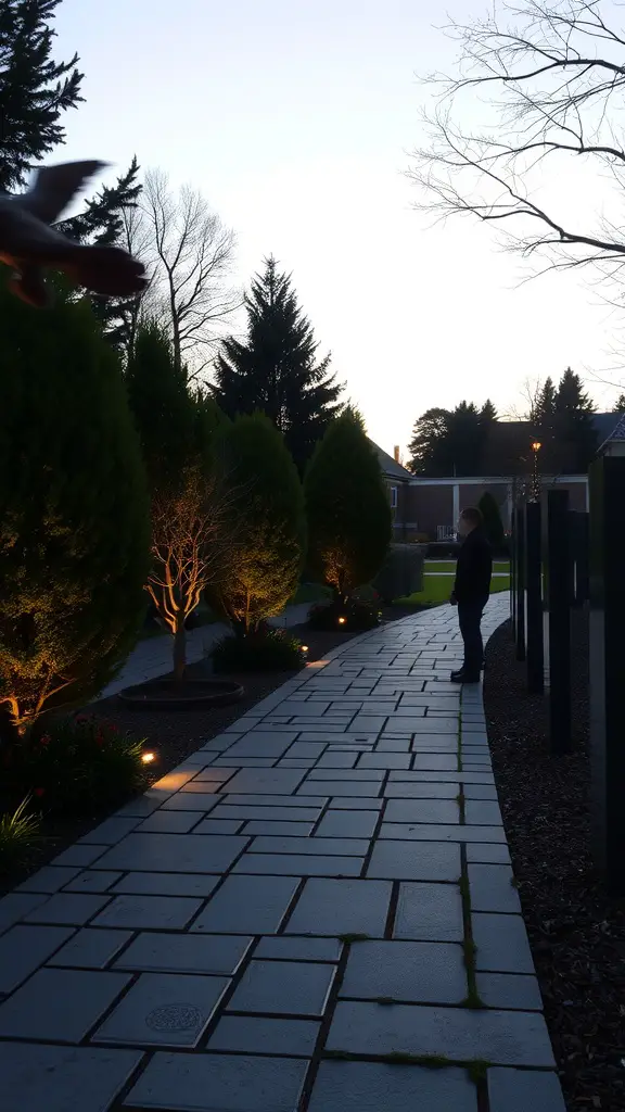 A well-lit pathway in a memorial garden with trees on either side and a person standing at the end.