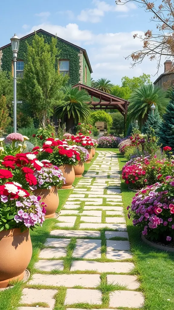 21 Stunning Pathway Landscaping Ideas to Enhance Your Outdoor Space 15 A beautifully landscaped pathway with stone slabs and vibrant raised flower beds filled with colorful blooms.
