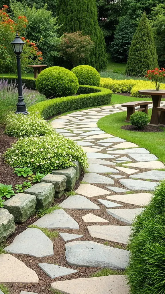 19 Creative River Rock Landscaping Ideas for Your Garden 8 A beautiful garden pathway made with smooth river stones, surrounded by lush greenery and a lamp post.