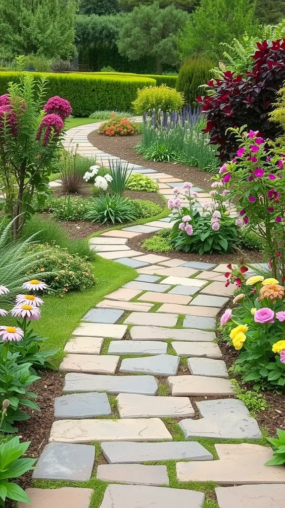 A winding stone pathway surrounded by colorful flowers and lush greenery in a garden.