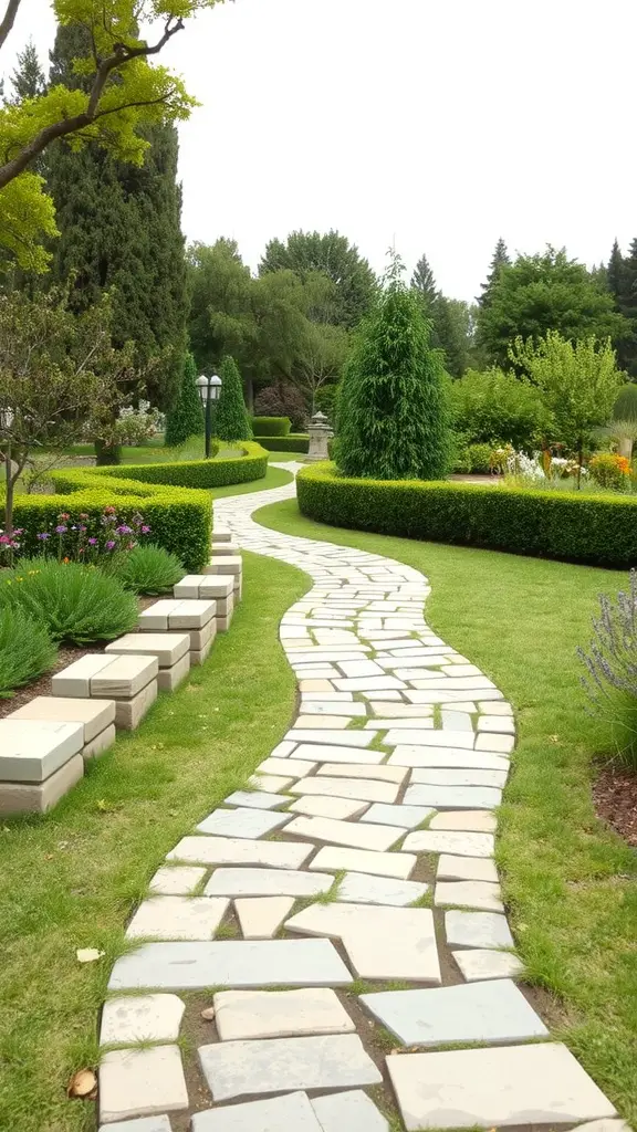 19 Modern Backyard Landscaping Ideas to Transform Your Outdoor Space 7 A winding pathway made of natural stone in a landscaped backyard with green hedges and plants on either side.