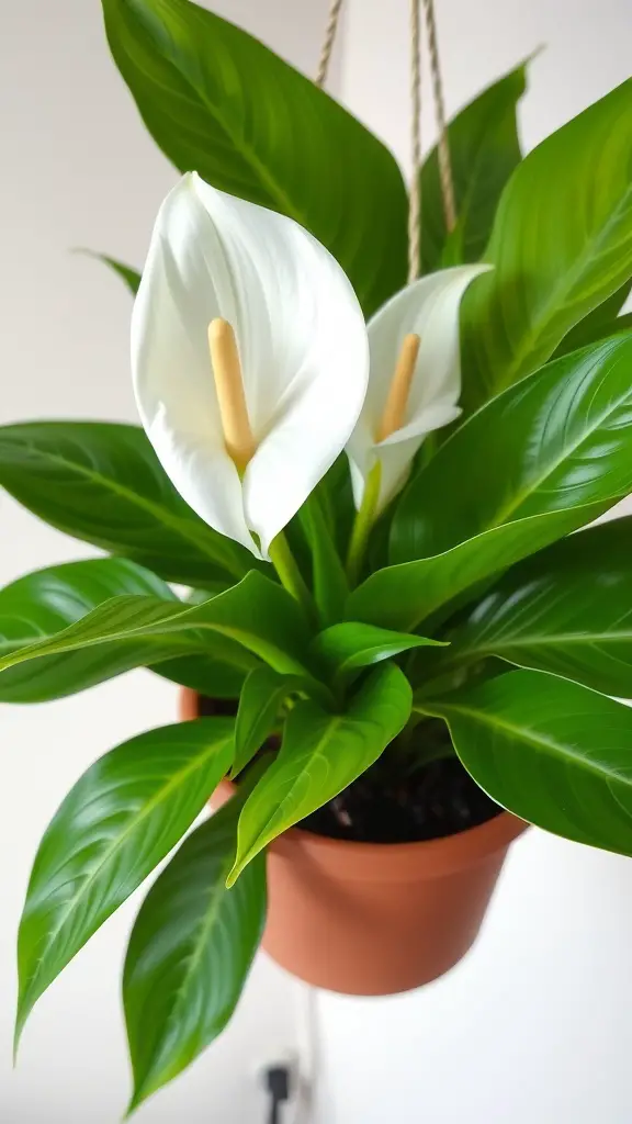 15 Stunning Indoor Hanging Plants to Transform Your Space 4 A Peace Lily with glossy green leaves and elegant white blooms hanging in a pot.
