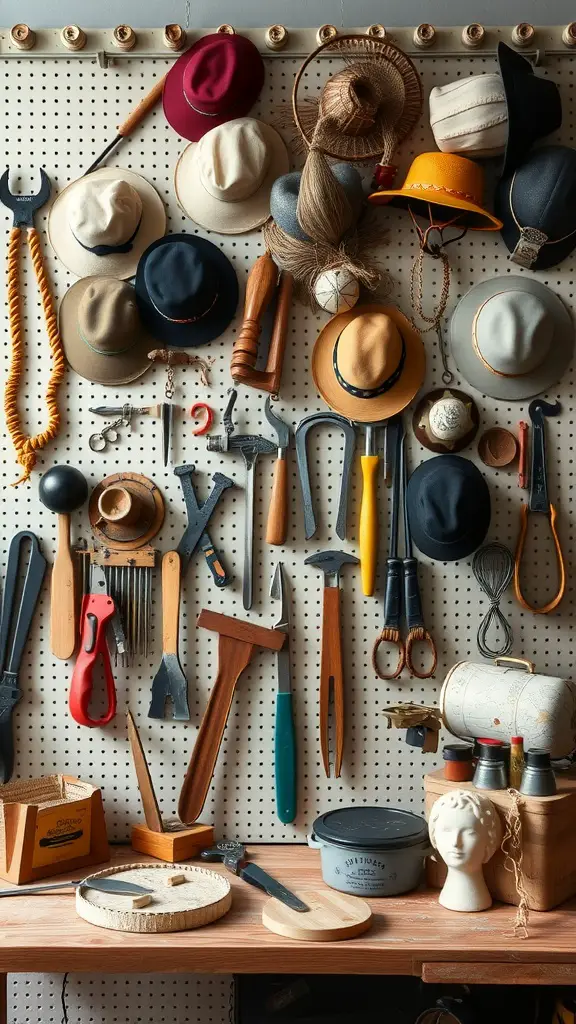 19 Creative Hat Storage Ideas for Every Space 10 A pegboard displaying various hats and tools neatly arranged, showcasing an organized and creative storage solution.