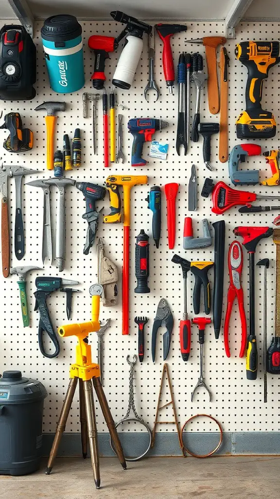 A garage pegboard filled with various tools, including drills, wrenches, and pliers, organized neatly for easy access.