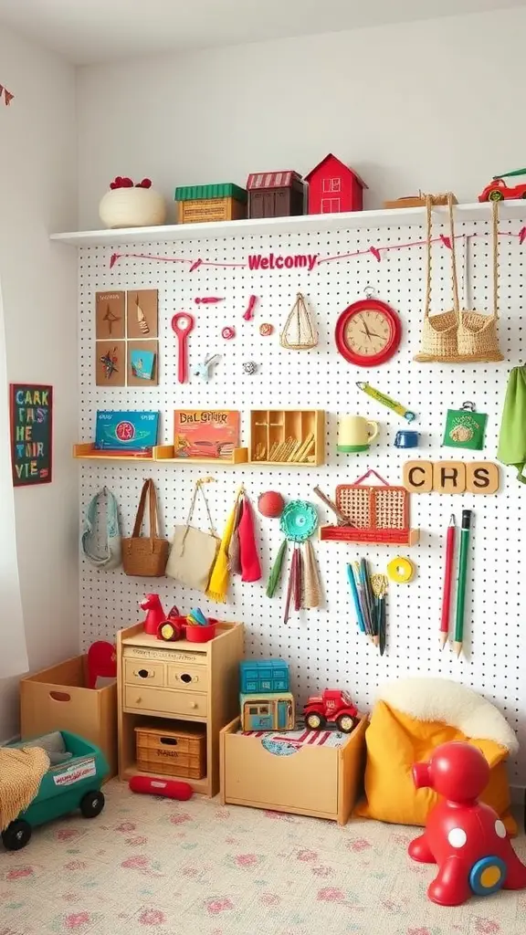 A colorful pegboard in a playroom displaying various toys and art supplies.
