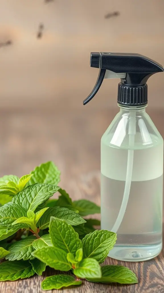 15 Effective DIY Indoor Ant Repellents You Can Make at Home 5 A spray bottle of peppermint oil next to fresh mint leaves, with ants in the background