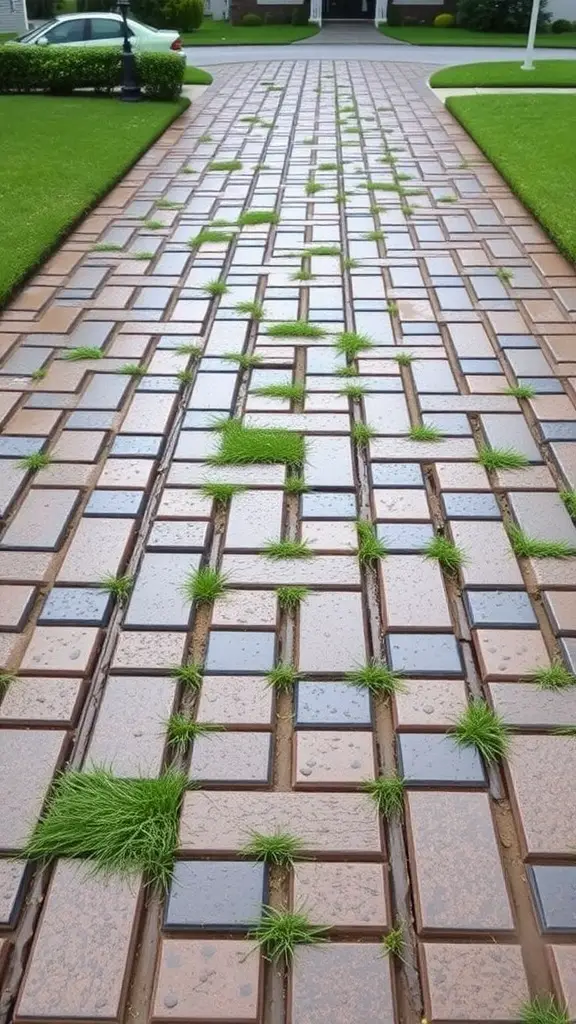 A driveway made of permeable pavers interspersed with grass, demonstrating sustainable drainage solutions.