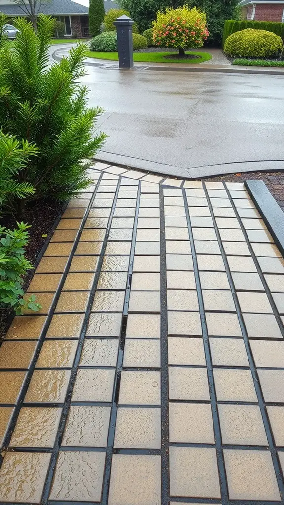 23 Creative Rain Gutter Drainage Ideas for Your Home 5 A stylish permeable paving pathway with alternating colors allowing rainwater drainage.