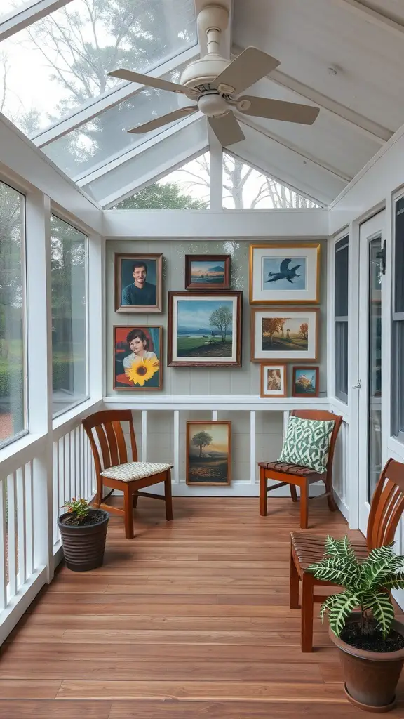 A cozy screened-in porch featuring a collection of personalized artwork, two wooden chairs, and potted plants.