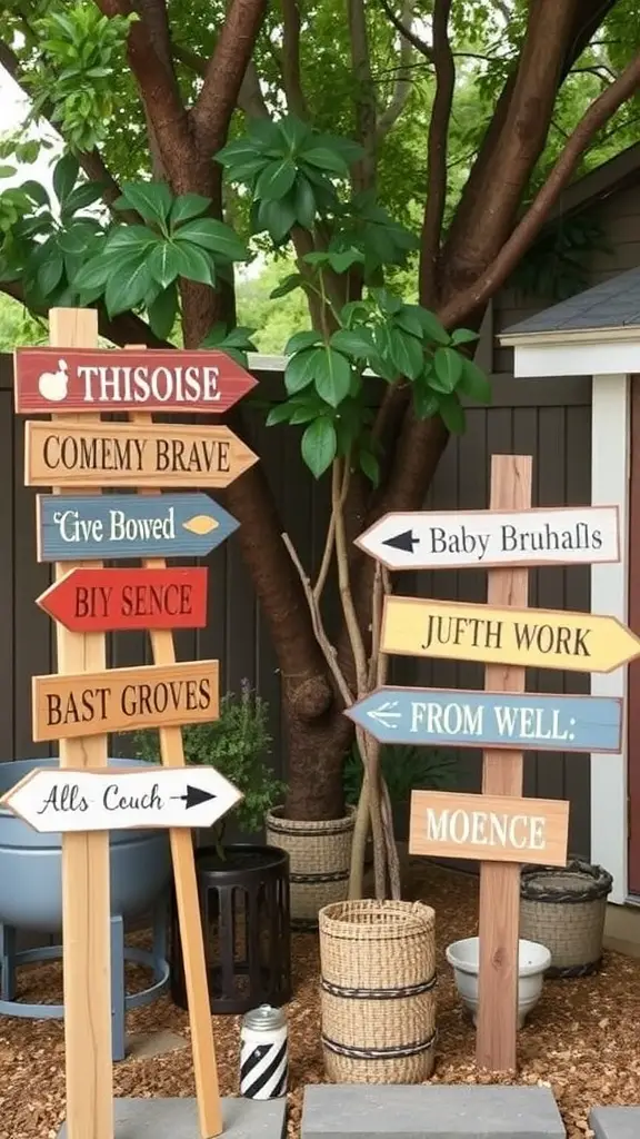 25 Creative Baby Q Shower Ideas to Celebrate Your Little One 16 Personalized wooden signage for a Baby Q event, featuring playful phrases and directional arrows.