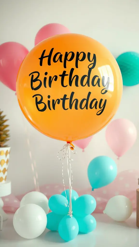 A vibrant orange balloon with 'Happy Birthday' text, surrounded by colorful pastel balloons, creating a cheerful centerpiece.