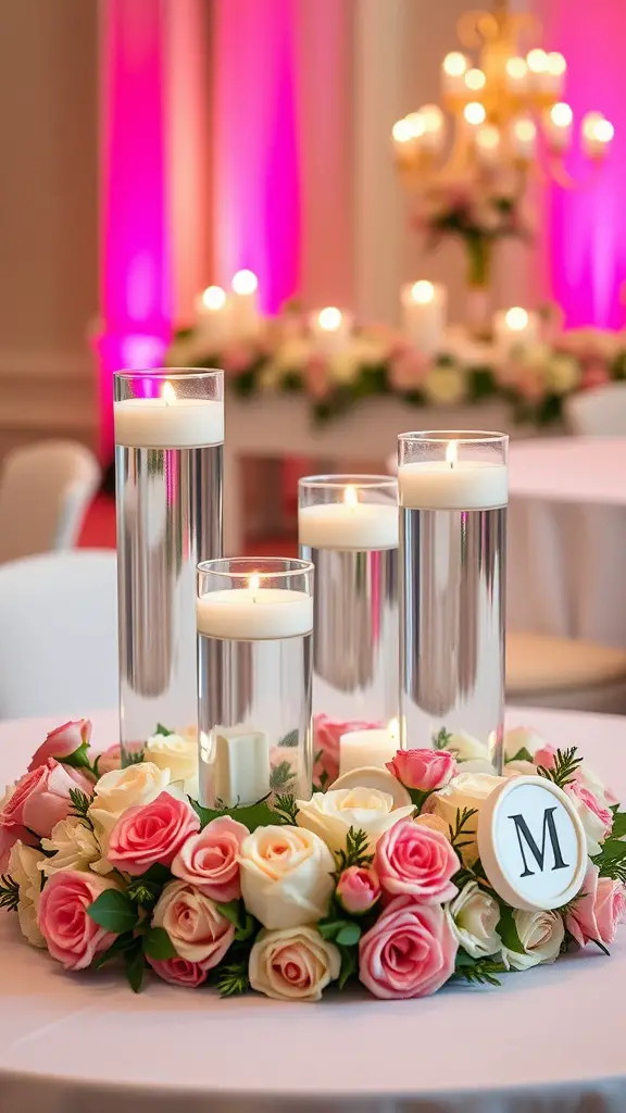 A wedding centerpiece with floating candles surrounded by pink and white roses.